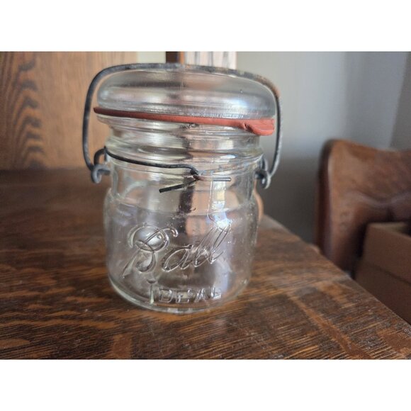 Vintage 1/2 Pint Ball Ideal Clear Glass Canning Jar with Lid and Wire Bail - Picture 1 of 10